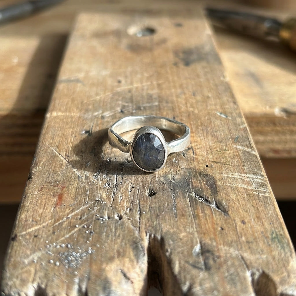 Sapphire and Molten Silver Ring, Size M, One of a Kind
