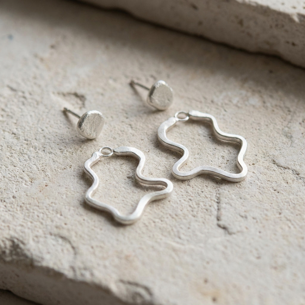 Organic Wave Stud Silver Earrings