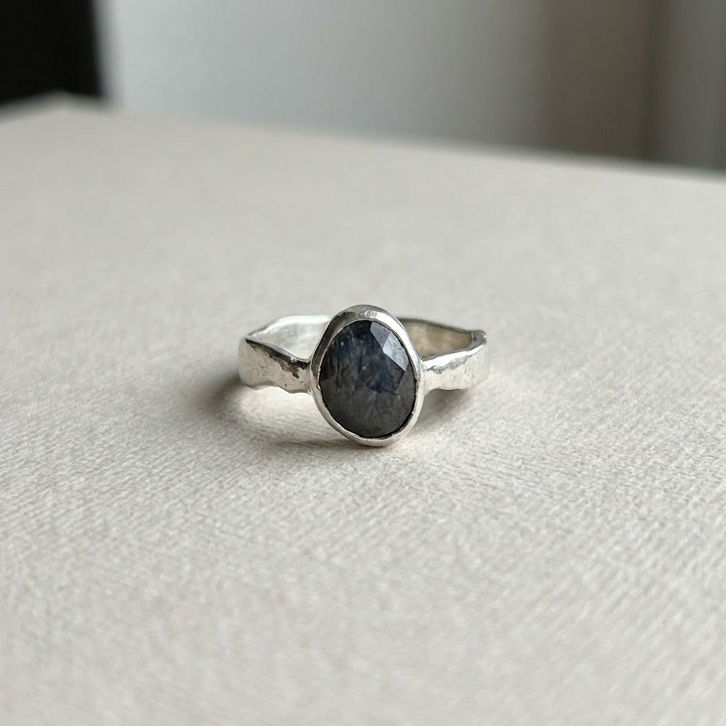 Sapphire and Molten Silver Ring, Size M, One of a Kind